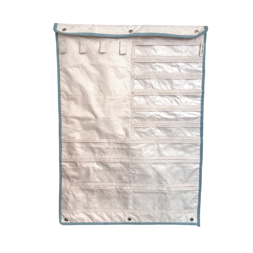 Real Simple Hanging Jewelry Organizer Double Sided Cream Teal Trim Wall Closet